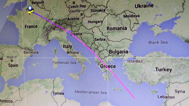 The flight path of EgyptAir flight MS804 from Paris to Cairo on May 19, 2016, is seen on a flight tracking screen from Flightradar24.com. 