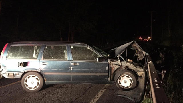 A wrecked car is seen on a road leading to Thacher State Park in New Scotland, N.Y., on May 24, 2016, in this photo Tom Heffernan Sr. provided to CBS Albany affiliate WRGB-TV. 