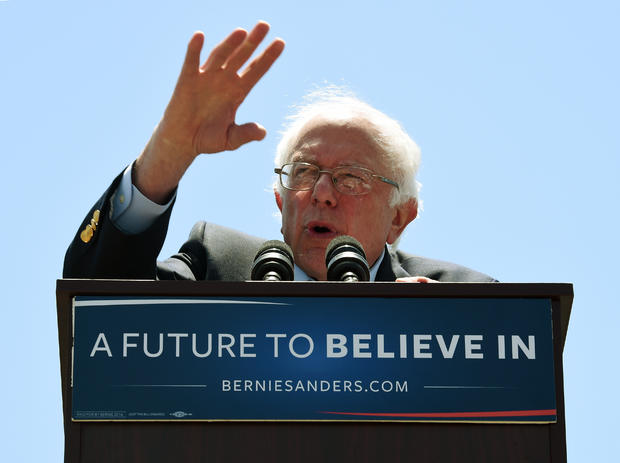 Bernie Sanders speaks to supporters at an election rally in Ventura, California 