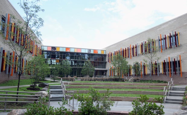 The center courtyard of the newly constructed Sandy Hook Elementary School, built to replace the building torn down after a gunman shot dead 20 young children and six educators in a 2012 massacre, is pictured in Newtown, Connecticut, July 29, 2016.