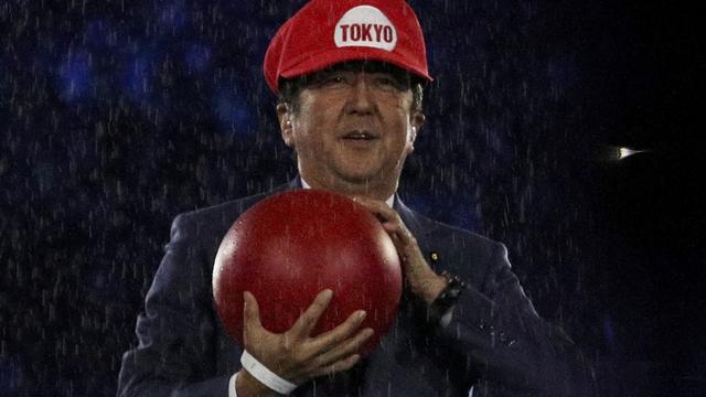 Japanese Prime Minister Shinzo Abe is seen on stage, dressed partially as Super Mario, at the 2016 Rio Olympics closing ceremony in Maracana, Rio de Janeiro 
