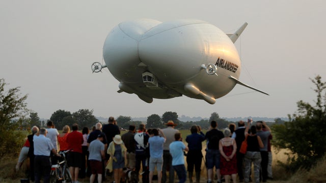 The Airlander 10 hybrid airship makes its maiden flight at Cardington Airfield in Britain, Aug. 17, 2016. 