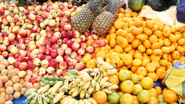 Apples, Bananas, Tangerines at Market in Peru 