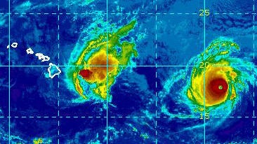 Hurricane Madeline and Hurricane Lester bear down on Hawaii in this infrared satellite image captured at 10 a.m. ET on Aug. 31, 2016. 