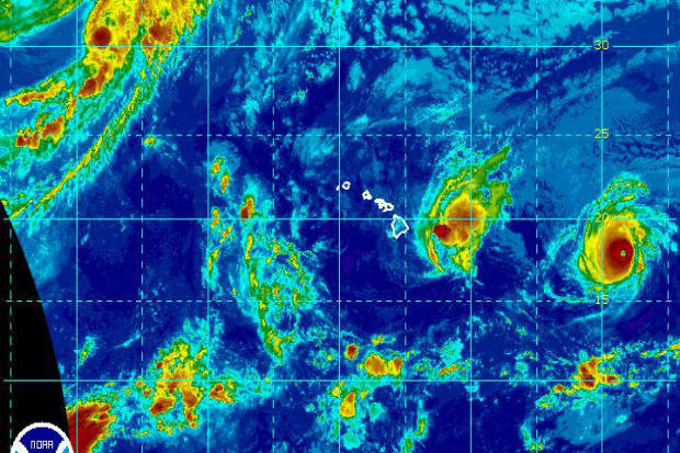 Hurricane Madeline and Hurricane Lester bear down on Hawaii in this infrared satellite image captured at 10 a.m. ET on Aug. 31, 2016. 
