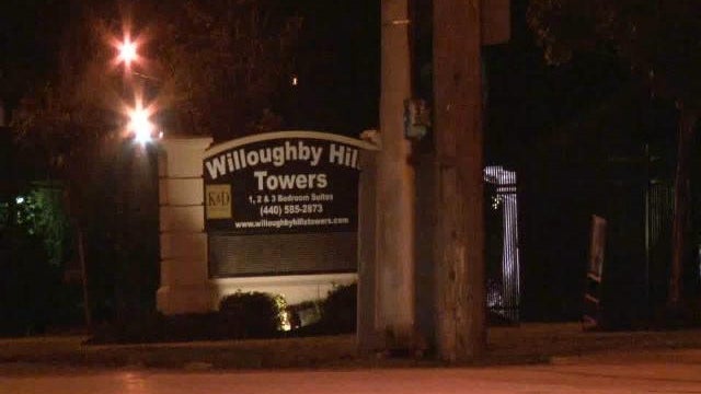 The entrance of a Willoughby Hills, Ohio, apartment complex is seen after a 2-year-old boy apparently fell from an 11th story window Sept. 21, 2016. 