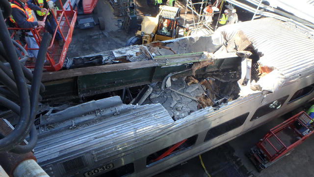 The wreckage of a New Jersey Transit commuter train that crashed into the terminal in Hoboken, New Jersey, Sept. 29, 2016, is seen in a picture released by the National Transportation Safety Board. 