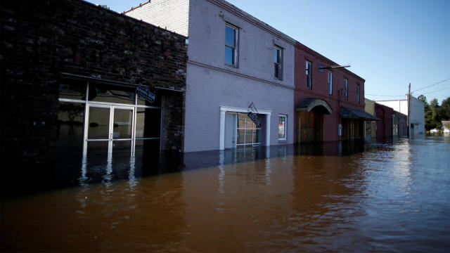 Buildings in the downtown area of Nichols, South Carolina, are surrounded by floodwaters from the Lumber River due to Hurricane Matthew on Oct. 10, 2016. 