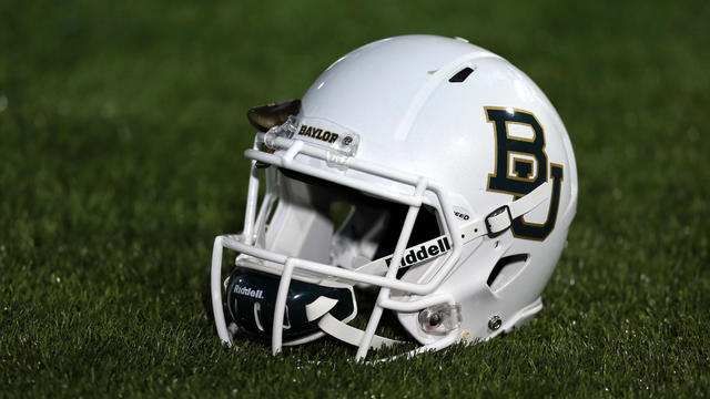 A Baylor Bears helmet on the sidelines during the game against the Buffalo Bulls at UB Stadium on Sept. 12, 2014, in Buffalo, New York. 