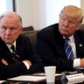 Donald Trump sits with U.S. Sen. Jeff Sessions, R-Alabama, at Trump Tower in Manhattan, New York, Oct. 7, 2016. 