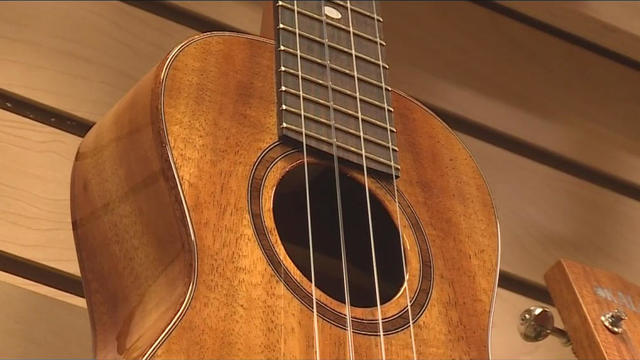 A guitar is displayed at The Strum Shop in Roseville, California, in a story broadcast on CBS Sacramento station KOVR-TV on Dec. 13, 2016. 