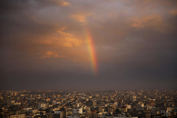 A rainbow shines in the sky above Beit Lahiya City, Gaza Strip, following a rainstorm Dec. 8, 2016. 