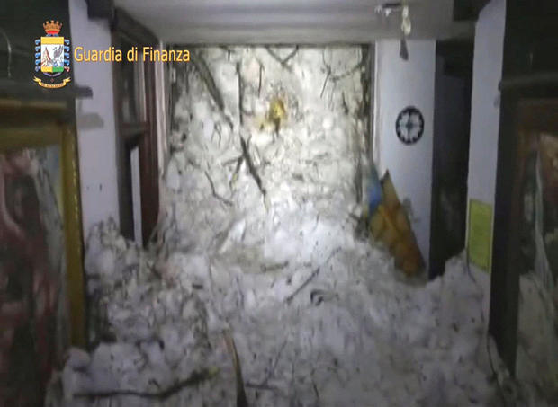 A photo taken from a video provided by Italy’s Finance Police shows the snow inside the Hotel Rigopiano in Farindola, central Italy, after it was hit by an avalanche Jan. 19, 2017. 