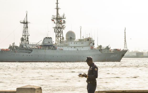Russian Vishnya (also known as Meridian) class warship CCB-175 Viktor Leonov, arrives at Havana’s harbor on Feb. 27, 2014. The Vishnya class ships are used for gathering intelligence. 