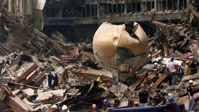 Fritz Koenig’s “The Sphere” outdoor sculpture that once graced the plaza at New York’s World Trade Center lies in the wreckage on Sept. 24, 2001, following the Sept. 11, 2001, terrorist attacks. 