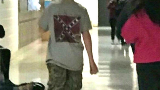 A photo provided from Latarndra Strong shows a student wearing a Confederate flag shirt at school in Orange County, North Carolina. 