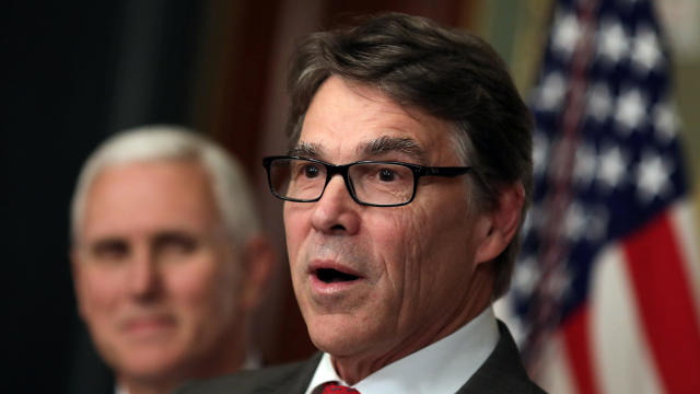 U.S. Secretary of Energy Rick Perry speaks during his swearing-in ceremony accompanied by Vice President Mike Pence at the Executive Office Building in Washington March 2, 2017. 