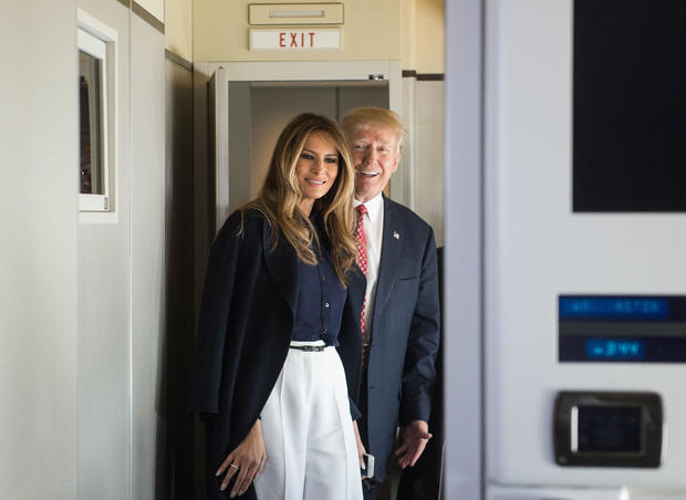 President Trump speaks to the press with first lady Melania Trump during a Feb. 10, 2017, flight on Air Force One bound for the president’s Mar-a-Lago resort in Florida with Japanese Prime Minister Shinzo Abe and his wife Akie Abe. 