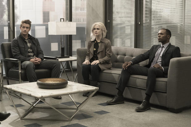 Robert Buckley as Major, Rose McIver as Liv and Malcolm Goodwin as Clive 