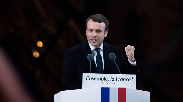 Leader of "En Marche!" Emmanuel Macron addresses supporters after winning the French presidential election at The Louvre, May 7, 2017, in Paris, France. 