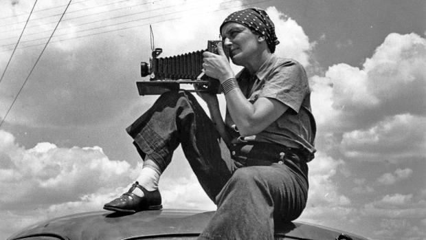 Dorothea Lange with Camera on Car 