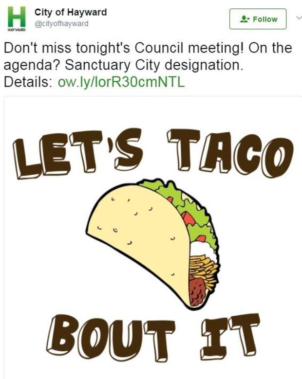 "Let's Taco Bout It" meme in City of Hayward tweet 