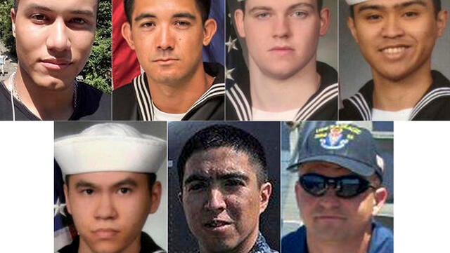 This combination of undated photos released June 19, 2017, by the U.S. Navy shows the seven U.S. sailors who died in a collision between the USS Fitzgerald and a container ship off Japan on June 17, 2017. From top left to right, Personnel Specialist 1st C 
