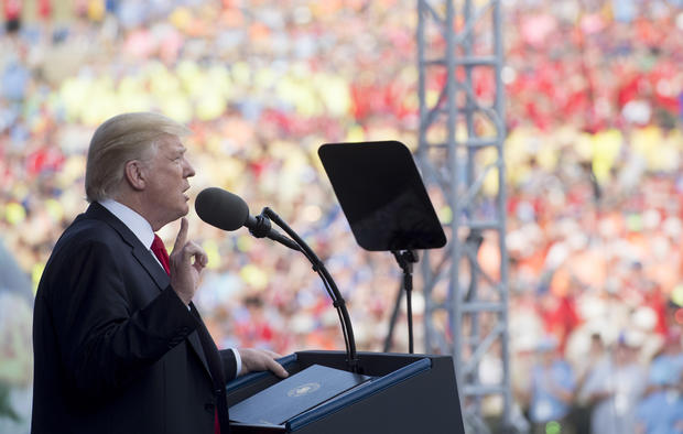 US President Donald Trump speaks during the National Boy Scout Jamboree at Summit Bechtel National Scout Reserve in Glen Jean, West Virginia, July 24, 2017. (credit SAUL LOEB) 