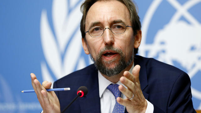 Zeid Ra'ad Al Hussein U.N. High Commissioner for Human Rights gestures during a news conference in Geneva 