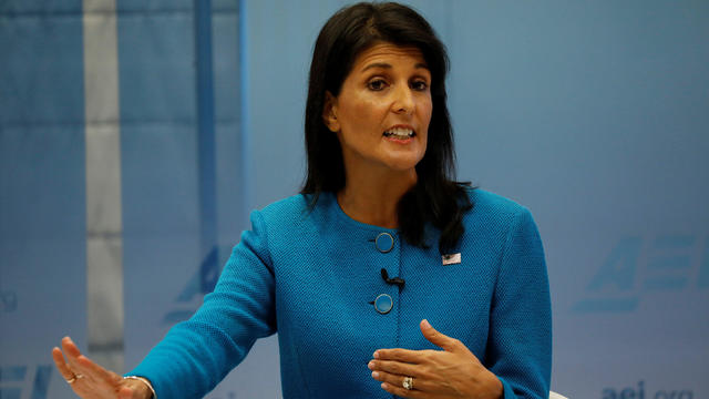 U.S. Ambassador to the United Nations Nikki Haley speaks about the Iran nuclear deal at the American Enterprise Institute in Washington 
