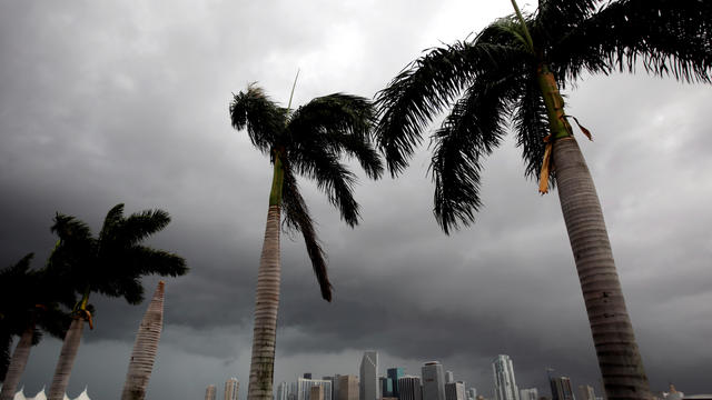 Dark clouds are seen over Miami's skyline prior to the arrival of Hurricane Irma to south Florida 