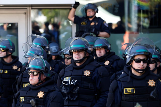 Counter-demonstrators rally against planned speech by conservative political commentator Ben Shapiro at UC Berkeley in Berkeley, California 