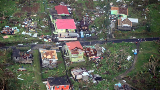 Damaged homes from Hurricane Maria are shown in this aerial photo over the island of Dominica 