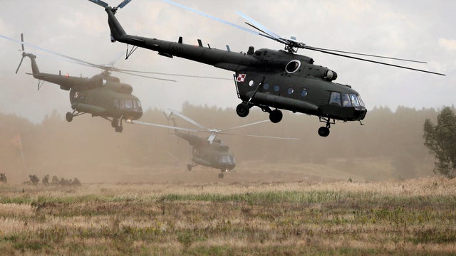 Polish Mi-17 helicopters are seen during Dragon-17 military exercises at the military range near Drawsko Pomorskie 