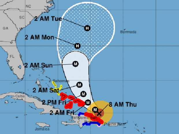 A map shows the probable path for Hurricane Maria as of 8 a.m. ET on Sept. 21, 2017. The M stands for "major hurricane." The red areas represent hurricane warnings. The blue areas represent tropical storm warnings. The yellow areas represent tropical storm watches. 