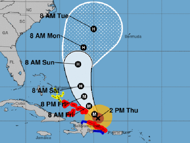 A map shows the probable path for Hurricane Maria as of 2 p.m. ET on Sept. 21, 2017. The M stands for "major hurricane." The red areas represent hurricane warnings. The blue areas represent tropical storm warnings. The yellow areas represent tropical storm watches. 