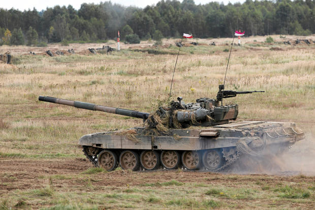 Polish PT-91 tank tank drives during Dragon-17 military exercises at the military range near Drawsko Pomorskie 