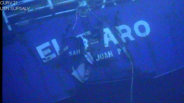 The stern of the El Faro is shown on the ocean floor taken from an underwater video camera 