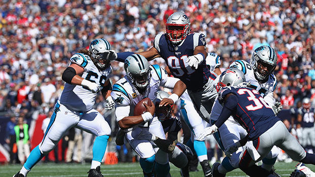 Deatrich Wise, Cassius Marsh, Cam Newton Sack - Carolina Panthers v New England Patriots 