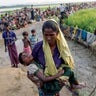 A Rohingya refugee woman who crossed the border from Myanmar a day before, carries her daughter and searches for help as they wait to receive permission from the Bangladeshi army to continue their way to the refugee camps, in Palang Khali 