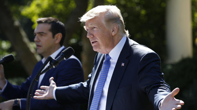 U.S. President Trump speaks as he holds a joint press conference with Greek Prime Minister Tsipras at the White House in Washington 