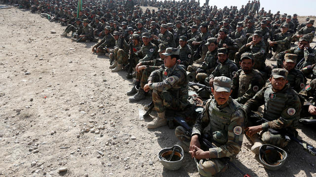 Afghan National Army (ANA) officers take part in a training exercise at the Kabul Military Training Centre (KMTC) in Kabul, Afghanistan 