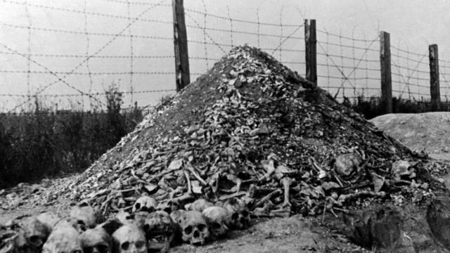 A pile of human bones and skulls is seen in 1944 a 