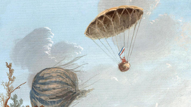 Painting shows descent of Garnerin in a basket attached to a parachute from about 1000 meters while the unmanned balloon falls to the ground. His balloon had ascended from Parc Monceau in Paris, October 22, 1797. Andre-Jacques Garnerin (January 31, 1769 - 