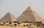 FILE PHOTO: A group of camels and horses stand idle in front of the Great Pyramids awaiting tourists in Giza 