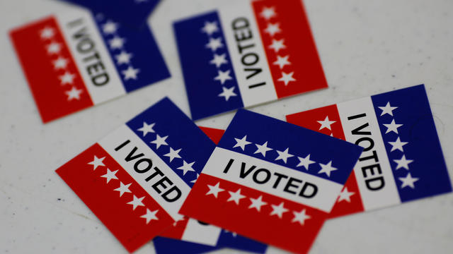 "I Voted" stickers are seen as voters head to the polls for election day in Princeton, New Jersey 