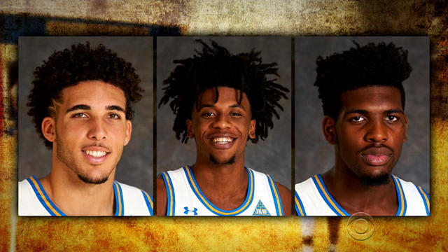 UCLA basketball players LiAngelo Ball, Jalen Hill and Cody Riley 