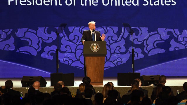 U.S. President Donald Trump speaks on the final day of the APEC CEO Summit, part of the broader Asia-Pacific Economic Cooperation (APEC) leaders' summit, in the central Vietnamese city of Danang 