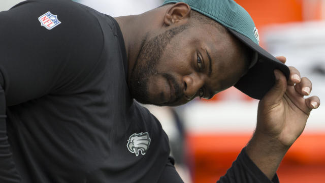 Fletcher Cox, No. 91 of the Philadelphia Eagles, looks on prior to the game against the Cleveland Browns at Lincoln Financial Field on Sept. 11, 2016, in Philadelphia, Pennsylvania. 