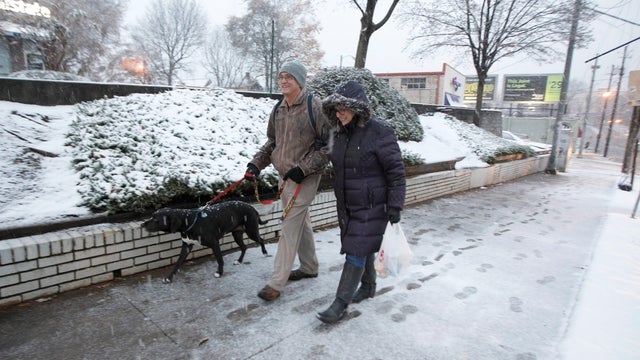 George and Eileen Howard walk to the store with their dog Misty as a rare snowfall occurrs in Atlanta, Georgia 